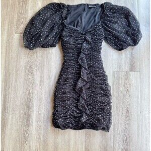 ZARA Women’s Dress Boho Black Polka Dot Tulle Mini Balloon Puffy 3/4 Sleeves